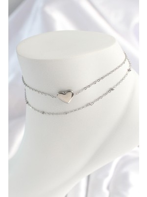 E-Bijuteri Çelik Gümüş Renk 2'li Zincir Model Kalp Figür Kadın Halhal