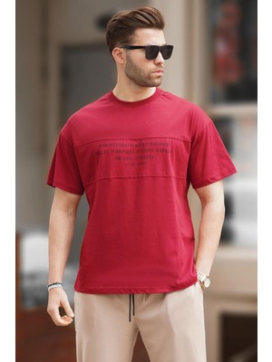 Madmext Bordo Oversize Bisiklet Yaka Baskılı Erkek Tişört 7018