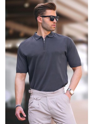 Madmext Antrasit Fermuar Detaylı Polo Yaka Triko Tişört 6885