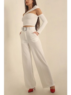 Vio Shine Kadın Kemerli Palazzo Yüksek Bel Ispanyol Paça Pantolon