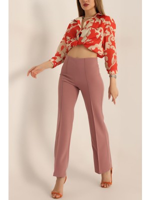 Vio Shine Kadın Çimalı Likralı Yüksek Bel Ispanyol Paça Pantolon