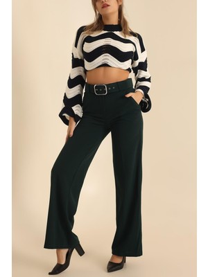 Vio Shine Kadın Kemerli Palazzo Yüksek Bel Ispanyol Paça Pantolon