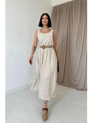 Elbee Fashion Woman Askısı Lastikli Keten Elbise - Bej 8079