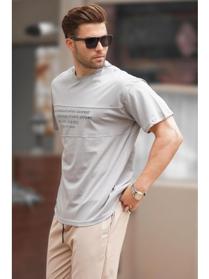 Madmext Boyalı Gri Oversize Bisiklet Yaka Baskılı Erkek Tişört 7018