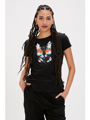 Bad Bear Cathy Siyah Baskılı Kadın Tişört