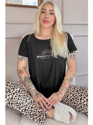 Pijama Evi Siyah Sunshine Desenli Bambu Kısa Kol Kadın Pijama Takımı