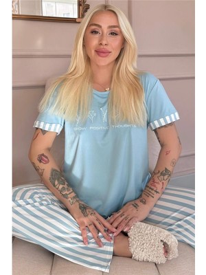 Pijama Evi Mavi Positive Desenli Bambu Kısa Kol Kadın Pijama Takımı