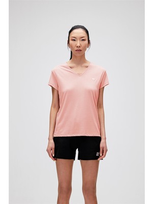 Bad Bear Violet V-Neck Pembe Logo Baskılı Basic Kadın Tişört