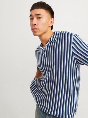 Jack & Jones Erkek Çizgili Polo Yaka Tisört - Blujones