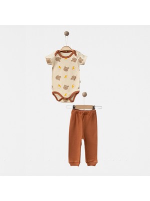Babejix Sevimli Ayıcık Tasarımlı Badi ve Tarçın Renk Pantolonlu  % 100 Pamuklu Unisex 2’li Bebek Takımı