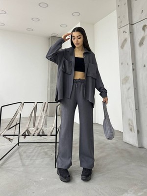 Moda Wiser Kadın Körük Cepli Keten Gömlek Pantolon Oversize Ikili Takım Gri