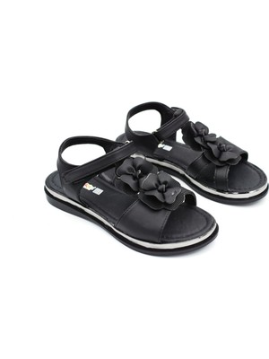 Prego (Vetta) Çiçek Desenli Çocuk Sandalet Siyah