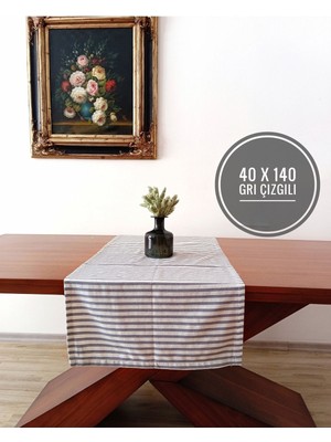 Home Art Atelier Hand Made Gri Çizgili Organik Pamuk Keten Runner 40X140