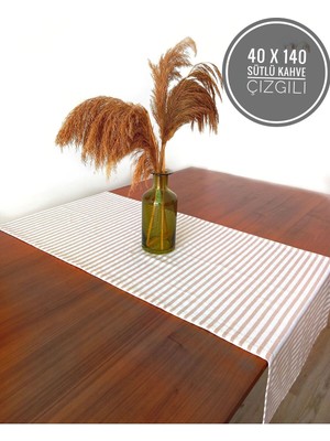 Home Art Atelier Hand Made Sütlü Kahve Çizgili Organik Pamuk Keten Runner 40X140