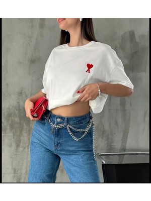 Stock Mount Unisex Bisiklet Yaka Baskılı Oversize T-Shirt - Beyaz