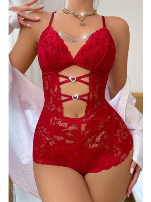 Yeni Nesil Toptancı - YNT Ynt Kırmızı Zincir Detaylı Dantelli Babydoll 15098