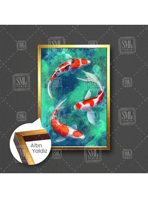 SML Tablo Birbirini Takip Ederek Yüzen Üç Koi Balığı Çerçeveli Dikey Kanvas Tablo