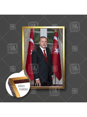 SML Tablo Recep Tayyip Erdoğan Cumhurbaşkanı Reis Türk Bayrağı Çerçeveli Dikey Kanvas Tablo