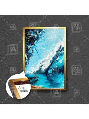 SML Tablo Büyük Deniz Dalgaları Fırça Izleri Iskele Manzara Doğa Çerçeveli Dikey Kanvas Tablo