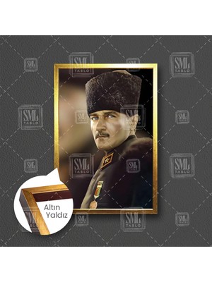 SML Tablo Gazi Mustafa Kemal Atatürk Kalpaklı Mareşal Madalyası Çerçeveli Dikey Kanvas Tablo