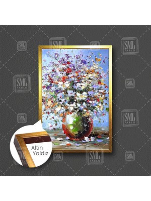 SML Tablo Büyük Çiçek Demeti Vazoda Çerçeveli Dikey Kanvas Tablo