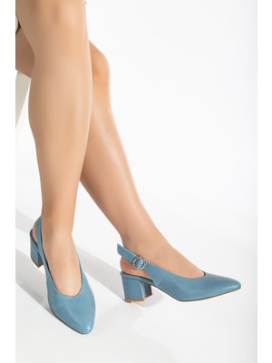Analin Shoes Kadın Hakiki Deri Bilekten Bağlı Toka Detaylı Topuklu Ayakkabı  2633 Klasik  Mavi 35