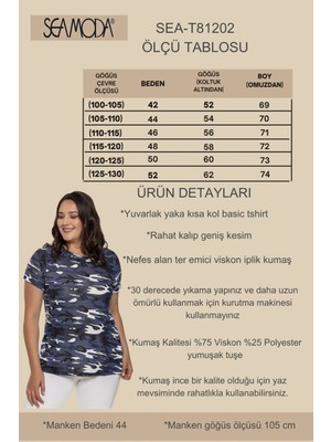 Sea Moda Yuvarlak Yaka Kamuflaj Desen Basic Tshirt-Mavi