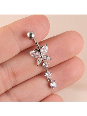 Shopiolog Cerrahi Çelik Kelebek 316 L Göbek Piercing Zirkon Taşlı Sallantılı Belly Button Model Paslanmaz