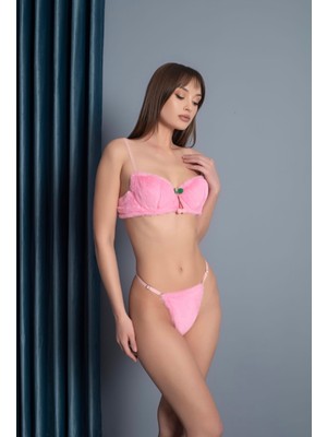 Thrill Bra Poo Puffy Pembe Peluş Model Kiraz Detaylı Pembe Balenli Peluş Sütyen Külot Takım