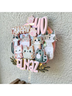 Cake Topper Kedi Temalı Kişiye Özel Çocuk Yetişkin Doğum Günü Pasta Süsü (22X20CM)