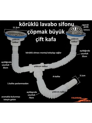 Çöpmak Körüklü Sifon Çiftli Büyük Kafa Evye Sifonu Lavabo Gideri 1.kalite Izgaralı