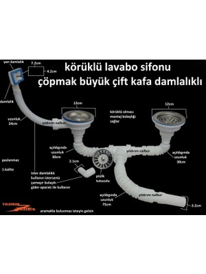 Çöpmak Körüklü Sifon Yandan Damlalıklı Çiftli Büyük Kafa Evye Sifonu Lavabo Gideri