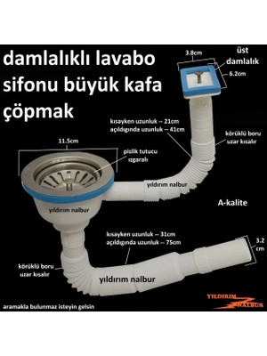 Çöpmak Körüklü Sifon Üstten Damlalıklı Lavabo Sifonu Lavabo Borusu Büyük