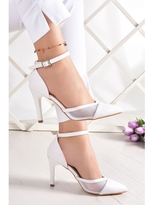Erkan Saçmacı Liana Beyaz Vegan Fileli Sivri Burun  İnce Topuklu Gelin Ayakkabısı