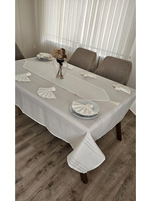 Zesa Home Colber Çizgi Detaylı Masa Örtüsü Krem 8 Kişilik 18 Parça Masa 160X180 160X350