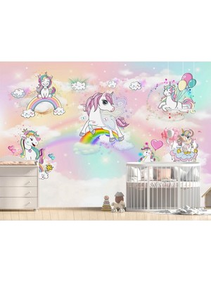 Arslan Dekor Gökkuşağı Sevimli Unicornlar Desen Çocuk Duvar Kağıdı