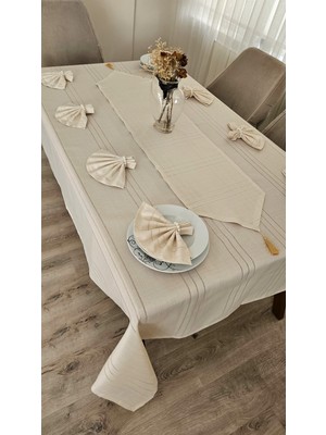 Zesa Home Çizgi Detaylı Masa Örtüsü Cappucino 8 Kişilik 18 Parça - Masa 160X180 160X350