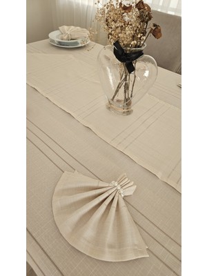 Zesa Home Çizgi Detaylı Masa Örtüsü Cappucino 8 Kişilik 18 Parça - Masa 160X180 160X350