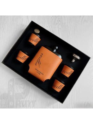 Elifeshop Lüks Deri Kılıflı Paslanmaz Çelik Içki Matarası Avcı Kamp Outdoor Hediye Seti Cep Matarası 240 Ml.