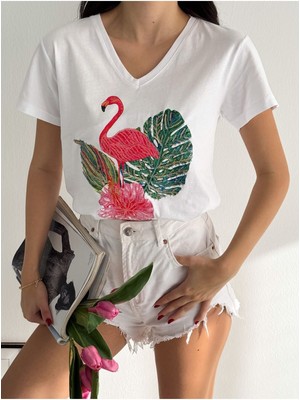 Ertul Textile Kadın Yeni Sezon %100 Pamuk Flamingo Yaprak Desenli Işlemeli T-Shirt