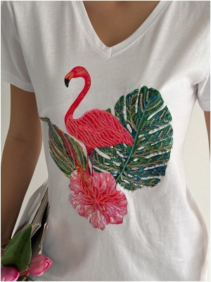 Ertul Textile Kadın Yeni Sezon %100 Pamuk Flamingo Yaprak Desenli Işlemeli T-Shirt