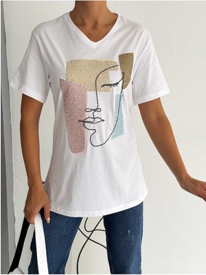 Ertul Textile Kadın Büyük Beden Yeni Sezon %100 Pamuk Yüz Işlemeli Nakışlı T-Shirt