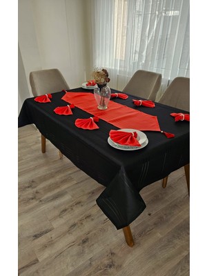 Zesa Home Colber Çizgi Detaylı Masa Örtüsü (Siyah-Kırmızı) 8 Kişilik 18 Parça - Masa 160X180...160X350