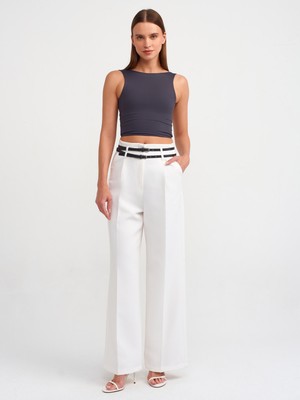 Dilvin 71294 Kemerli Yüksek Bel Pantolon-Beyaz