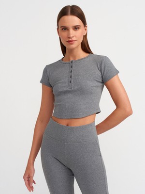 Dilvin 31022 Düğme Detaylı Crop Top-Antrasit