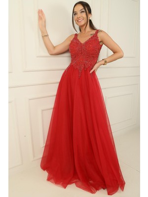 Ön Arka V Yaka Boncuk Işlemeli Astarlı Uzun Tül Abiye Elbise