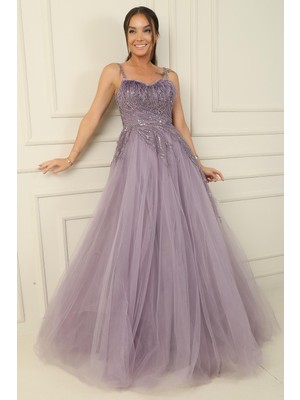 Askılı Yaka Tüylü Pul-Boncuk Işlemeli Astarlı Uzun Prenses Abiye Elbise