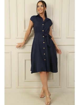 Önü Düğmeli Beli Kuşaklı Cepli Keten Elbise