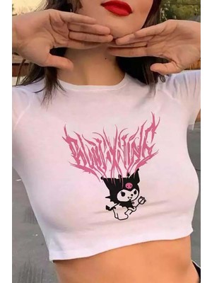 Köstebek Harajuku Fashion Anime Kuromi Sanrio Beyaz Crop T-Shirt