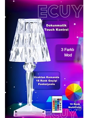 Ecuy Dekoratif Şarjlı Kristal LED Masa ve Gece Lambası Ev Salon Dekor Işığı Kumandalı Kristal Abajur  Rgb